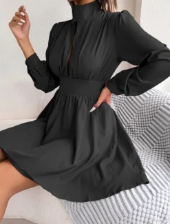 Discount Women's Black Dress Mini Dress Ruched Hollow Out Casual Stand Collar Long Sleeve Black White Wine Color Women Cocktail Dress