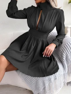Discount Women's Black Dress Mini Dress Ruched Hollow Out Casual Stand Collar Long Sleeve Black White Wine Color Women Cocktail Dress