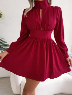 Discount Women's Black Dress Mini Dress Ruched Hollow Out Casual Stand Collar Long Sleeve Black White Wine Color Women Cocktail Dress