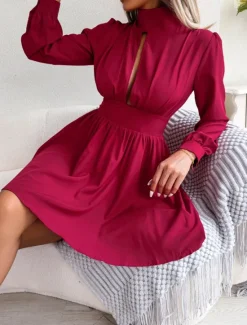 Discount Women's Black Dress Mini Dress Ruched Hollow Out Casual Stand Collar Long Sleeve Black White Wine Color Women Cocktail Dress