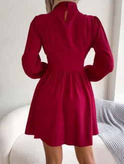 Discount Women's Black Dress Mini Dress Ruched Hollow Out Casual Stand Collar Long Sleeve Black White Wine Color Women Cocktail Dress