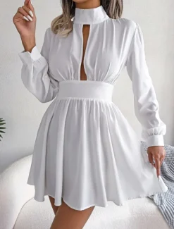 Discount Women's Black Dress Mini Dress Ruched Hollow Out Casual Stand Collar Long Sleeve Black White Wine Color Women Cocktail Dress