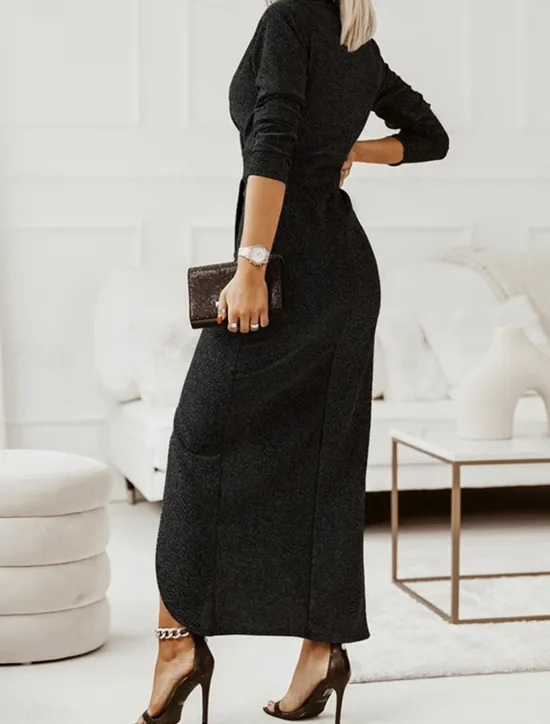 Discount Women's Black Dress Party Dress Wedding Guest Dress Ruched Split V Neck Long Sleeve Formal Winter Dress Silver Black Spring Fall Women Work Dresses