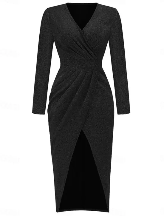 Discount Women's Black Dress Party Dress Wedding Guest Dress Ruched Split V Neck Long Sleeve Formal Winter Dress Silver Black Spring Fall Women Work Dresses