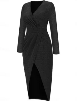 Discount Women's Black Dress Party Dress Wedding Guest Dress Ruched Split V Neck Long Sleeve Formal Winter Dress Silver Black Spring Fall Women Work Dresses