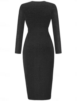 Discount Women's Black Dress Party Dress Wedding Guest Dress Ruched Split V Neck Long Sleeve Formal Winter Dress Silver Black Spring Fall Women Work Dresses