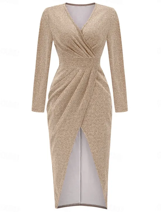 Discount Women's Black Dress Party Dress Wedding Guest Dress Ruched Split V Neck Long Sleeve Formal Winter Dress Silver Black Spring Fall Women Work Dresses