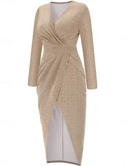 Discount Women's Black Dress Party Dress Wedding Guest Dress Ruched Split V Neck Long Sleeve Formal Winter Dress Silver Black Spring Fall Women Work Dresses