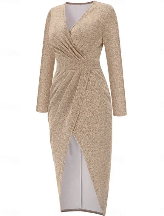 Discount Women's Black Dress Party Dress Wedding Guest Dress Ruched Split V Neck Long Sleeve Formal Winter Dress Silver Black Spring Fall Women Work Dresses