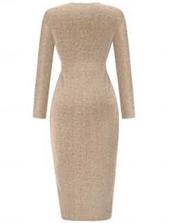 Discount Women's Black Dress Party Dress Wedding Guest Dress Ruched Split V Neck Long Sleeve Formal Winter Dress Silver Black Spring Fall Women Work Dresses