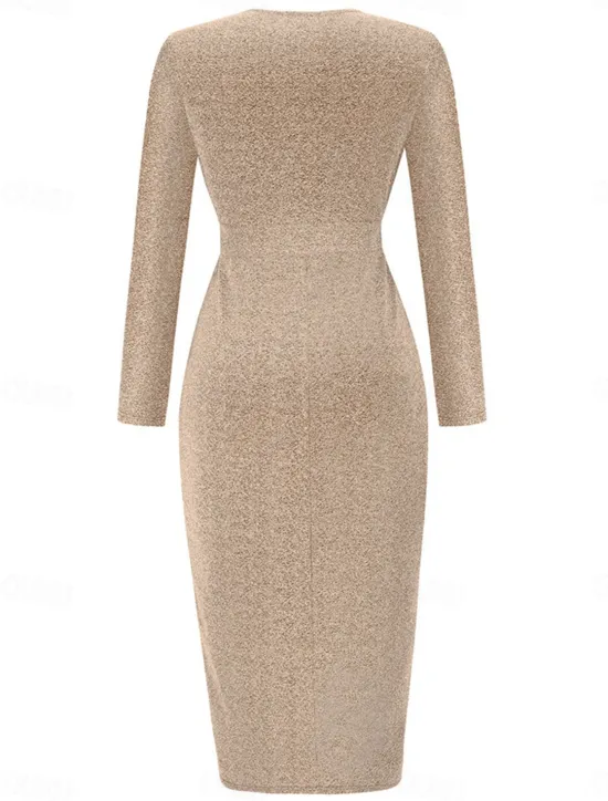 Discount Women's Black Dress Party Dress Wedding Guest Dress Ruched Split V Neck Long Sleeve Formal Winter Dress Silver Black Spring Fall Women Work Dresses