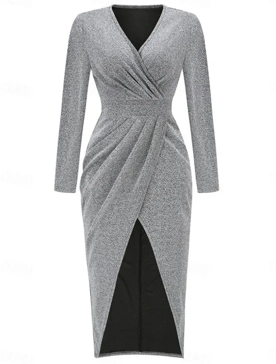Discount Women's Black Dress Party Dress Wedding Guest Dress Ruched Split V Neck Long Sleeve Formal Winter Dress Silver Black Spring Fall Women Work Dresses