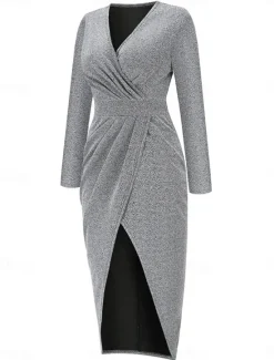Discount Women's Black Dress Party Dress Wedding Guest Dress Ruched Split V Neck Long Sleeve Formal Winter Dress Silver Black Spring Fall Women Work Dresses
