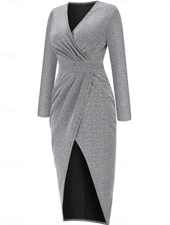 Discount Women's Black Dress Party Dress Wedding Guest Dress Ruched Split V Neck Long Sleeve Formal Winter Dress Silver Black Spring Fall Women Work Dresses