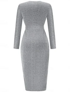 Discount Women's Black Dress Party Dress Wedding Guest Dress Ruched Split V Neck Long Sleeve Formal Winter Dress Silver Black Spring Fall Women Work Dresses