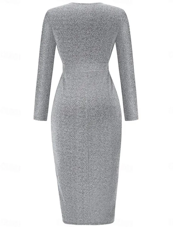 Discount Women's Black Dress Party Dress Wedding Guest Dress Ruched Split V Neck Long Sleeve Formal Winter Dress Silver Black Spring Fall Women Work Dresses