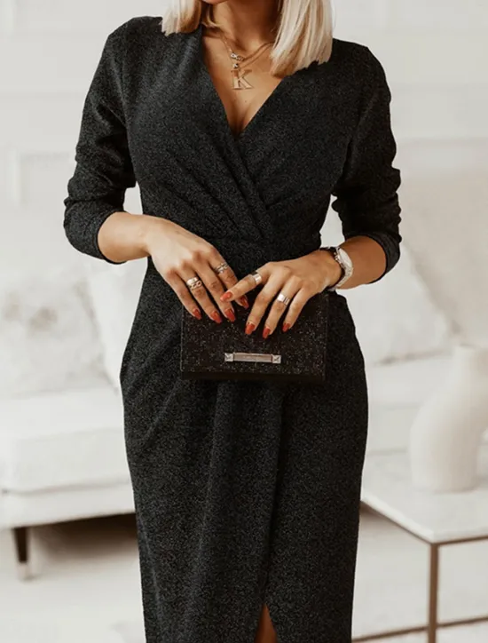 Discount Women's Black Dress Party Dress Wedding Guest Dress Ruched Split V Neck Long Sleeve Formal Winter Dress Silver Black Spring Fall Women Work Dresses