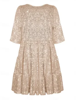 Online Women's Black Dress Sequin Dress Party Dress Sequins Glitter Crew Neck Half Sleeve Mini Dress Wedding Guest Silver Rose Gold Spring Fall Women Casual Dress