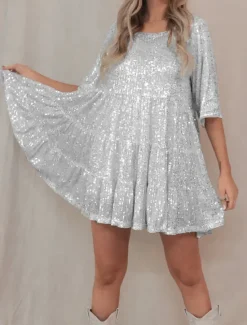 Online Women's Black Dress Sequin Dress Party Dress Sequins Glitter Crew Neck Half Sleeve Mini Dress Wedding Guest Silver Rose Gold Spring Fall Women Casual Dress