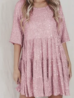 Online Women's Black Dress Sequin Dress Party Dress Sequins Glitter Crew Neck Half Sleeve Mini Dress Wedding Guest Silver Rose Gold Spring Fall Women Casual Dress