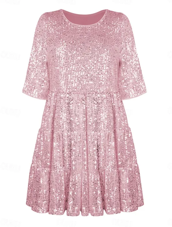 Online Women's Black Dress Sequin Dress Party Dress Sequins Glitter Crew Neck Half Sleeve Mini Dress Wedding Guest Silver Rose Gold Spring Fall Women Casual Dress