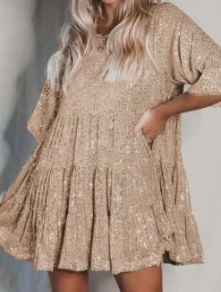 Online Women's Black Dress Sequin Dress Party Dress Sequins Glitter Crew Neck Half Sleeve Mini Dress Wedding Guest Silver Rose Gold Spring Fall Women Casual Dress