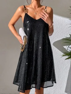 Online Women's Dress Sequin Dress Party Dress Sequins Ruched Spaghetti Strap Sleeveless Mini Dress Winter Dress Wedding Guest Fall Winter Women Cocktail Dress