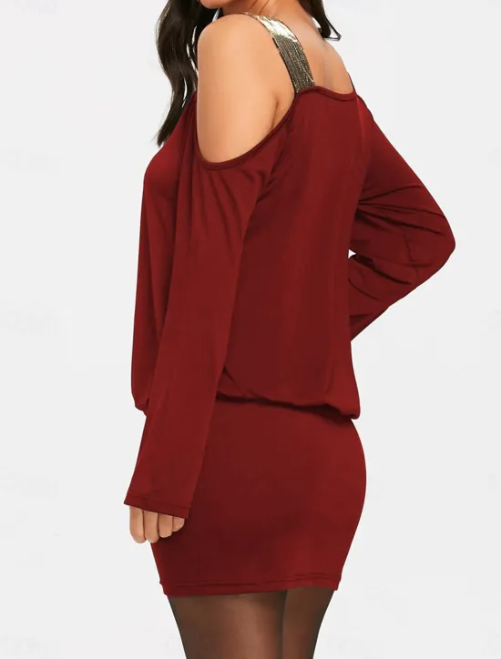 Best Women's Black Dress Sequin Dress Party Dress Sequins Ruched Off Shoulder Long Sleeve Color Block Mini Dress Cocktail Party Vacation Black Wine Fall Winter Women Cocktail Dress