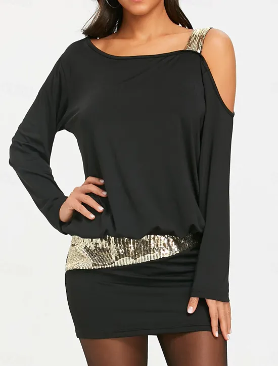 Best Women's Black Dress Sequin Dress Party Dress Sequins Ruched Off Shoulder Long Sleeve Color Block Mini Dress Cocktail Party Vacation Black Wine Fall Winter Women Cocktail Dress