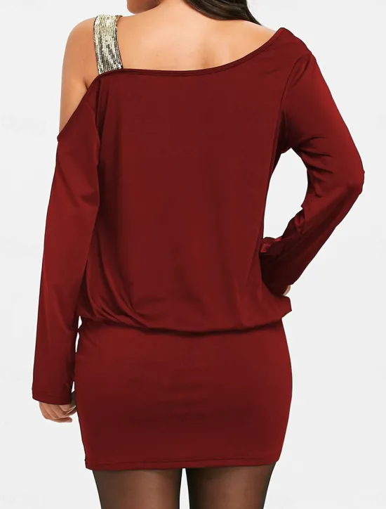 Best Women's Black Dress Sequin Dress Party Dress Sequins Ruched Off Shoulder Long Sleeve Color Block Mini Dress Cocktail Party Vacation Black Wine Fall Winter Women Cocktail Dress