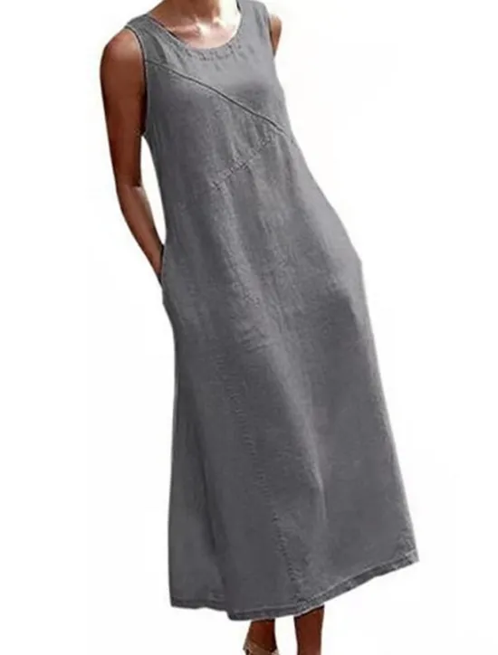 Women's Black Gray Summer Spring Maxi Dress Cotton Linen Dresses Casual Dress Cotton Summer Dress Stylish Basic Modern Outdoor Vacation Holiday Loose Fit Pure Color Crew Neck Women Dresses