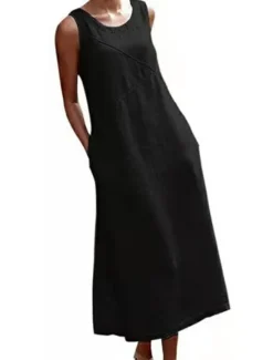 Women's Black Gray Summer Spring Maxi Dress Cotton Linen Dresses Casual Dress Cotton Summer Dress Stylish Basic Modern Outdoor Vacation Holiday Loose Fit Pure Color Crew Neck Women Dresses