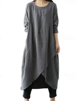 Clearance Women's Black Green Gray Summer Spring Fall Maxi Dress Linen-Inspired Dresses Casual Dress Layered Dress Casual Winter Dress Daily Going out Loose Fit Pure Color Crew Neck Women Dresses