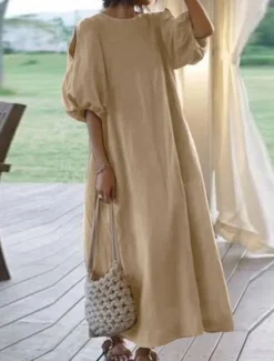 New Women's Black Light Purple khaki Summer Spring Fall Maxi Dress Cotton Linen Dresses Black Dress Vintage Dress Elegant Bohemia Fashion Puff Balloon Sleeve Vacation Office Dailywear Loose Fit Crew Neck Women Dresses
