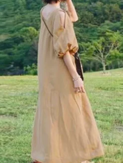 New Women's Black Light Purple khaki Summer Spring Fall Maxi Dress Cotton Linen Dresses Black Dress Vintage Dress Elegant Bohemia Fashion Puff Balloon Sleeve Vacation Office Dailywear Loose Fit Crew Neck Women Dresses
