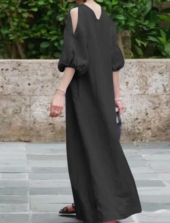New Women's Black Light Purple khaki Summer Spring Fall Maxi Dress Cotton Linen Dresses Black Dress Vintage Dress Elegant Bohemia Fashion Puff Balloon Sleeve Vacation Office Dailywear Loose Fit Crew Neck Women Dresses