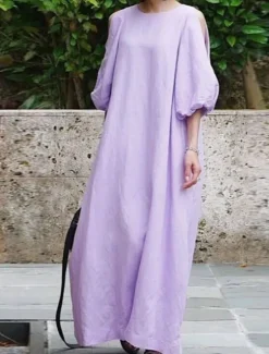 New Women's Black Light Purple khaki Summer Spring Fall Maxi Dress Cotton Linen Dresses Black Dress Vintage Dress Elegant Bohemia Fashion Puff Balloon Sleeve Vacation Office Dailywear Loose Fit Crew Neck Women Dresses