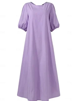 New Women's Black Light Purple khaki Summer Spring Fall Maxi Dress Cotton Linen Dresses Black Dress Vintage Dress Elegant Bohemia Fashion Puff Balloon Sleeve Vacation Office Dailywear Loose Fit Crew Neck Women Dresses