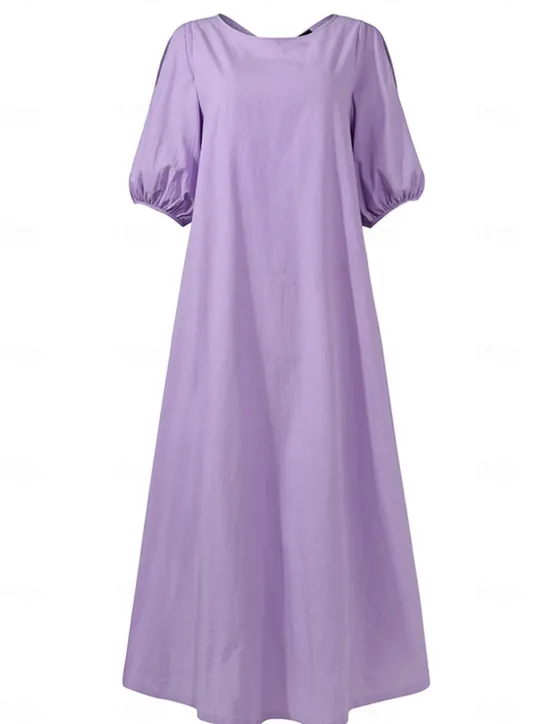 New Women's Black Light Purple khaki Summer Spring Fall Maxi Dress Cotton Linen Dresses Black Dress Vintage Dress Elegant Bohemia Fashion Puff Balloon Sleeve Vacation Office Dailywear Loose Fit Crew Neck Women Dresses
