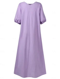 New Women's Black Light Purple khaki Summer Spring Fall Maxi Dress Cotton Linen Dresses Black Dress Vintage Dress Elegant Bohemia Fashion Puff Balloon Sleeve Vacation Office Dailywear Loose Fit Crew Neck Women Dresses