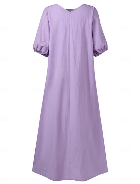 New Women's Black Light Purple khaki Summer Spring Fall Maxi Dress Cotton Linen Dresses Black Dress Vintage Dress Elegant Bohemia Fashion Puff Balloon Sleeve Vacation Office Dailywear Loose Fit Crew Neck Women Dresses