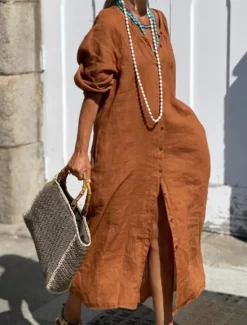 Sale Women's Black Navy Blue Brown Summer Spring Maxi Dress Cotton Linen Dresses Casual Dress Basic Modern Daily Weekend Loose Fit Plain V Neck Women Dresses