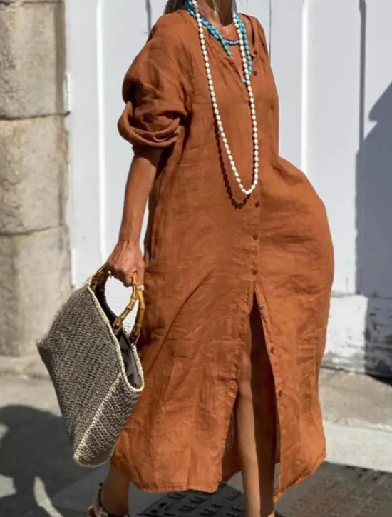 Sale Women's Black Navy Blue Brown Summer Spring Maxi Dress Cotton Linen Dresses Casual Dress Basic Modern Daily Weekend Loose Fit Plain V Neck Women Dresses