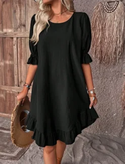 Discount Women's Black Red Navy Blue Summer Spring Midi Dress Linen-Inspired Dresses Cotton Linen Dress Cotton Summer Dress Casual Vacation Daily Loose Fit Plain Crew Neck Women Dresses