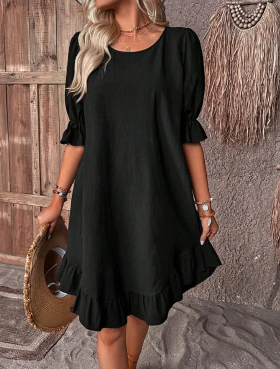 Discount Women's Black Red Navy Blue Summer Spring Midi Dress Linen-Inspired Dresses Cotton Linen Dress Cotton Summer Dress Casual Vacation Daily Loose Fit Plain Crew Neck Women Dresses