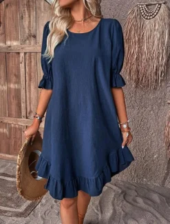 Discount Women's Black Red Navy Blue Summer Spring Midi Dress Linen-Inspired Dresses Cotton Linen Dress Cotton Summer Dress Casual Vacation Daily Loose Fit Plain Crew Neck Women Dresses