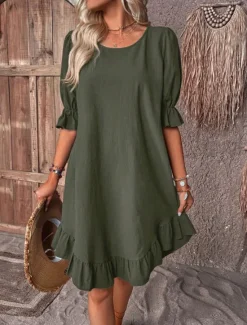 Discount Women's Black Red Navy Blue Summer Spring Midi Dress Linen-Inspired Dresses Cotton Linen Dress Cotton Summer Dress Casual Vacation Daily Loose Fit Plain Crew Neck Women Dresses