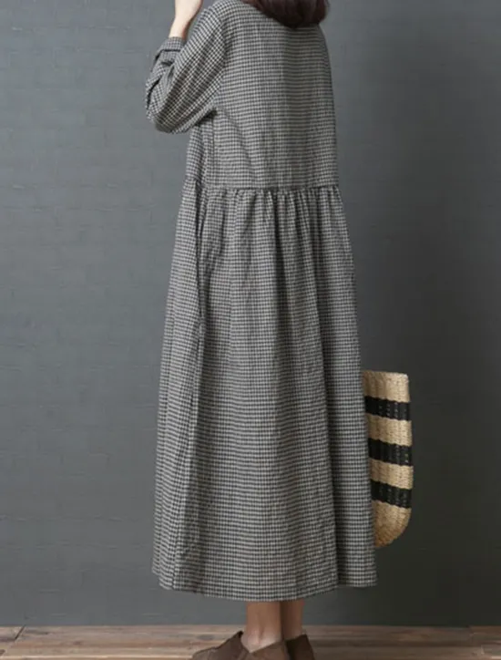 Outlet Women's Spring Fall Long Dress Maxi Dress Linen-Inspired Dresses Casual Dress Cotton Linen Dress Basic Casual Outdoor Daily Weekend Loose Fit Plaid Crew Neck Women Dresses
