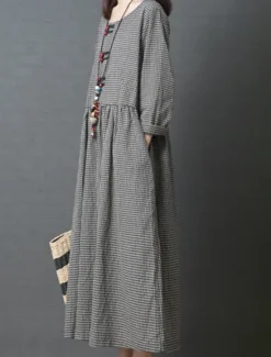 Outlet Women's Spring Fall Long Dress Maxi Dress Linen-Inspired Dresses Casual Dress Cotton Linen Dress Basic Casual Outdoor Daily Weekend Loose Fit Plaid Crew Neck Women Dresses