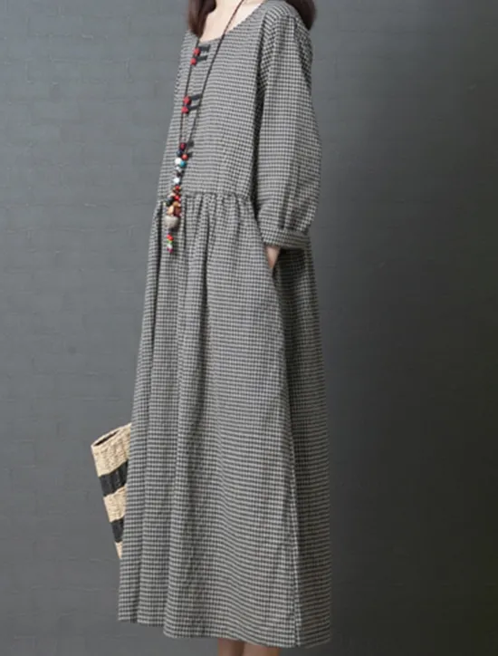 Outlet Women's Spring Fall Long Dress Maxi Dress Linen-Inspired Dresses Casual Dress Cotton Linen Dress Basic Casual Outdoor Daily Weekend Loose Fit Plaid Crew Neck Women Dresses